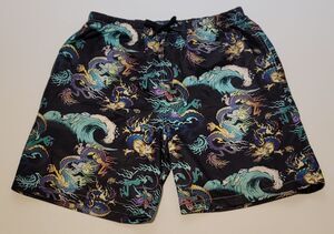 Men's Japanese Dragon & Wave Print Swim Board Trunks Lined - Size M